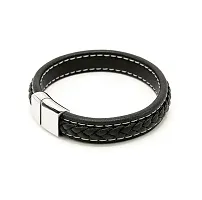 De-Ultimate Unisex Black  Silver Casual Style Daily Use Braided Leatherette Rope Cutting Wraps Strap Ponytail Design Sports Stainless Steel Friendship Wrist Gym Band Bangle Bracelet With Buckle Lock-thumb1