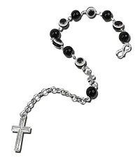 De-Ultimate (Set Of 2 Pcs) 8mm Black Stone Rosary Moti Beads Evil Eye Nazar Suraksha Kavach Lord Holy Jesus Cross Christian Isa Masih Freindship Wrist Band Cuff Chain Bracelets-thumb1