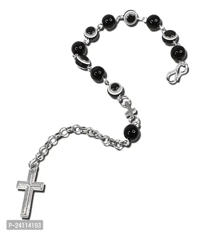 De-Ultimate (Set Of 2 Pcs) 8mm Black Stone Rosary Moti Beads Evil Eye Nazar Suraksha Kavach Lord Holy Jesus Cross Christian Isa Masih Freindship Wrist Band Cuff Chain Bracelets-thumb2