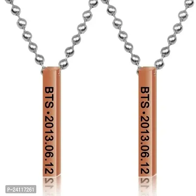 De-Ultimate (Set Of 2pc) Unisex Metal Rose-Gold 3D Vertical BTS Name Date Engraved Bar Cuboid Stick Pendant Locket Necklace With Chain For Fans Jewellery Set-thumb0