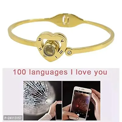 De-Ultimate Valentine's Day Special Stainless Steel (6cm Diameter) Rhinestone Diamond Nug I Love You 100 Languages Projection Heart Design Romantic Love Adjustable Bangle Bracelet for Girls  Womens-thumb2