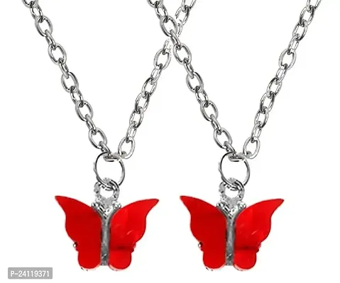 De-Ultimate (Pack Of 2 Pcs) Premium Quality Red Color Valentine's Day Special I Love You Romantic Beautiful Butterfly Charm Locket Pendant Necklace With Clavicle Chain For Girl's And Women's