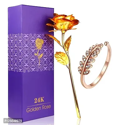 De-Ultimate JX000283-01 Combo of Artificial Yellow Rose Flower with Golden Leaf Design Ring Valentine Gift for Girlfriend, Boyfriend, Husband and Wife Special Gift Pack