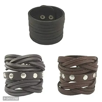 De-Ultimate CMB7231 (Set Of 3 Pcs) Funky Punk Stylish Trending Fashionable Dynamic Casual Cutting Braided Leatherite Wraps Dyed Rope Handmade Broad Friendship Cuff Wrist Gym Band/Bracelet Strap