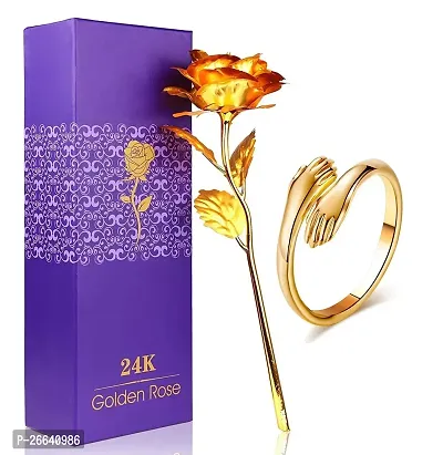 De-Ultimate JX000290-01 Combo of Artificial Yellow Rose Flower with Golden Hug Ring Valentine Gift for Girlfriend, Boyfriend, Husband and Wife Special Gift Pack