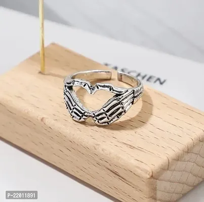 De-Ultimate Silver Plated Stainless Steel Adjustable Valentine's Day Forever Geometric Palm Love Gesture Couple Embrace Statement Promise Friendship Hands Than Heart Thumb Open Cuff Finger/Knuckle Ring-thumb2