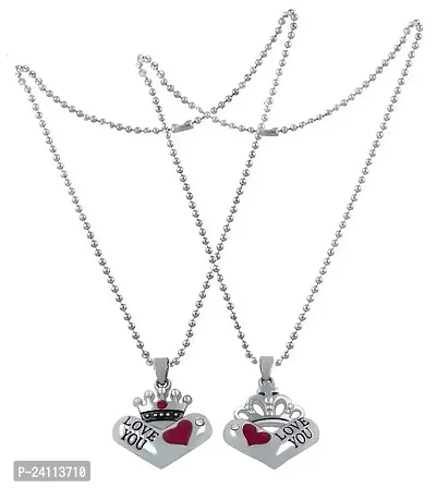 Uniqon Valentine's Day Special Fancy  Stylish Silver Plated Metal Stainless Steel Love You Heart King And Queen Crown Romantic Love Couple 2 In 1 Beautiful Duo Locket Pendant Necklace With Chain