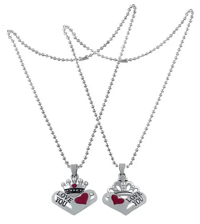 Uniqon Valentine's Day Special Fancy & Stylish Silver Plated Metal Stainless Steel Love You Heart King And Queen Crown Romantic Love Couple 2 In 1 Beautiful Duo Locket Pendant Necklace With Chain