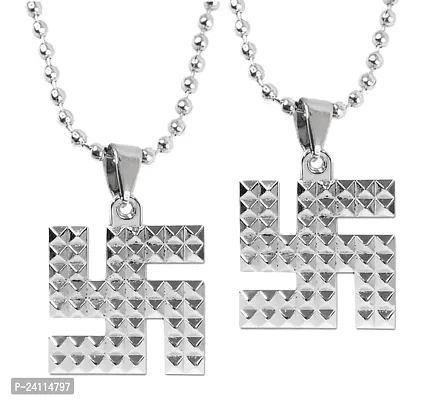 De-Ultimate (Set Of 2 Pcs) Metal Silver Fancy  Stylish Swastik Satya Symbol/Sign Pyramid Design Vastu/Feng Shui Yantra Pendant Locket Necklace With Ball Chain