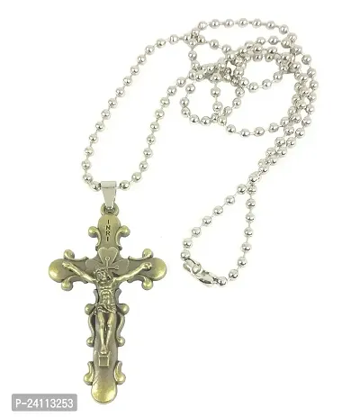 De-Ultimate Metal Stainless Steel Lord Holy Jesus Christ Cross Christian Catholic Cutting Antique Beautiful Fashion Isa Masih Locket Pendant Necklace With Chain For Boy's And Girl's Christmas Gift Set-thumb0