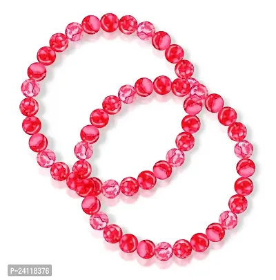 De-Ultimate (Pack Of 2 Pcs) Stretchable Peach Color 8mm Moti Pearl Bead Natural Feng-Shui Healing Howlite Crystal Gem Marble Stone Wrist Band Elastic Bracelet For Boy's And Girl's