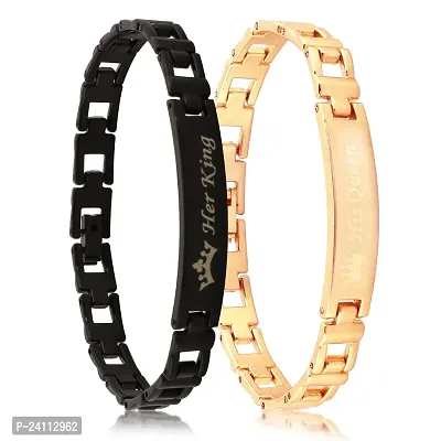 De-Ultimate (Set of 2 Pcs) Valentine's Day Special Metal (6.5cm Diameter) His Queen and Her King Crown Romantic Love Couple Bracelet for Boy's and Girl's (Rose Gold/Black)-thumb0