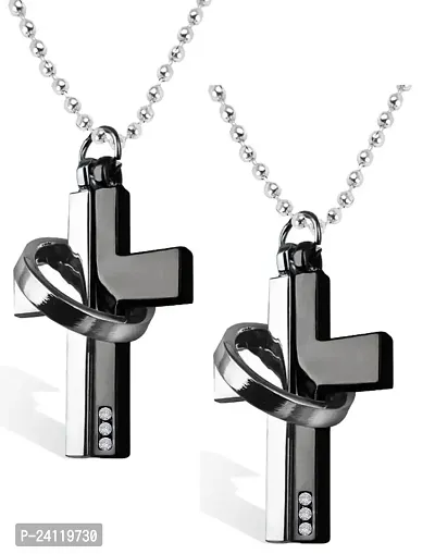 De-Ultimate (Set Of 2 Pcs) Black Silver Metal AD Nug Studed Dual Tone Lord Holy Jesus Christ Cross Christian Isa Masih With Ring Pendant Locket Necklace-thumb0