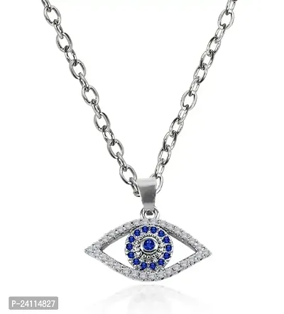 De-Ultimate Silver Valentine's Day I Love You Romantic Crystal AD Diamond/Nug Blue Stone Engraved/Studed Evil Eye Nazar Suraksha Kavach Locket Pendant Charm Necklace With Clavicle Chain