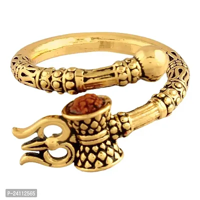 De-Ultimate Men's and Women's Adjustable Stylish Trending Rudraksha Oxidized Mahakal Shiva Trishul Damroo Designer Bahubali Cuff Finger Ring (Free Size) (Golden)-thumb0