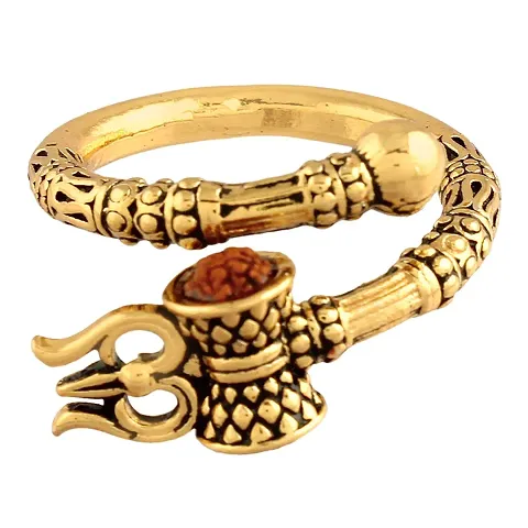De-Ultimate Men's and Women's Adjustable Stylish Trending Rudraksha Oxidized Mahakal Shiva Trishul Damroo Designer Bahubali Cuff Finger Ring (Free Size) (Golden)