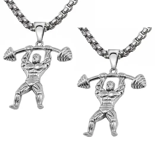 De-Ultimate (Set Of 2 Pcs) Men Figure Weightlifting Gym Muscle Bodybuilding Curved Dumbbell Rod Barbell Hercules Charm Pendant Locket Necklace With Box Chain