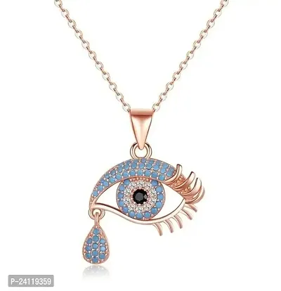 De-Ultimate Rose-Gold Valentine's Day Special AD Blue Diamond/Nug Stone Engraved/Studed Evil Eye Lashes With Teardrop Nazar Suraksha Kavach Locket Pendant Charm Necklace With Clavicle Chain