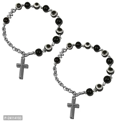 De-Ultimate (Set Of 2 Pcs) 8mm Black Stone Rosary Moti Beads Evil Eye Nazar Suraksha Kavach Lord Holy Jesus Cross Christian Isa Masih Freindship Wrist Band Cuff Chain Bracelets-thumb0