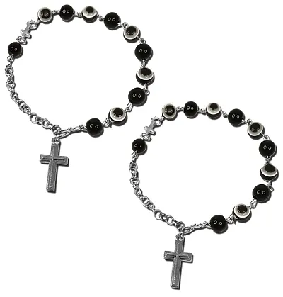 De-Ultimate (Set Of 2 Pcs) 8mm Stone Rosary Moti Beads Evil Eye Nazar Suraksha Kavach Lord Holy Jesus Cross Christian Isa Masih Freindship Wrist Band Cuff Chain Bracelets