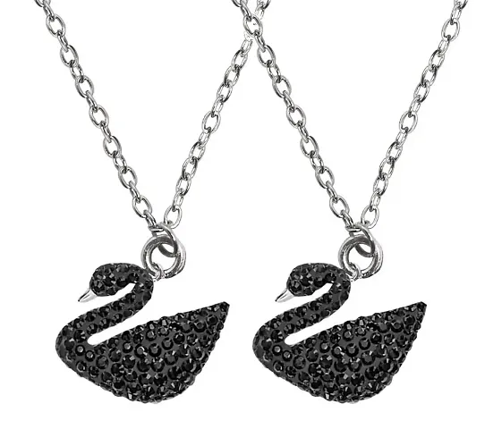 De-Ultimate (Pack Of 2 Pcs) Premium Quality Black Color Valentine's Day Special Stainless Steel Beautiful Swan Duck Charm Locket Pendant Necklace With Clavicle Chain For Girl's And Women's