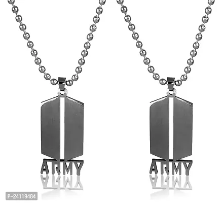 De-Ultimate (Set Of 2 Pcs) Unisex Silver Color Fancy  Stylish Stainless Steel 3d Bts Logo Trending Name Army Letter Pendant Locket Necklace With Ball Chain For Fans Jewellery Set-thumb0