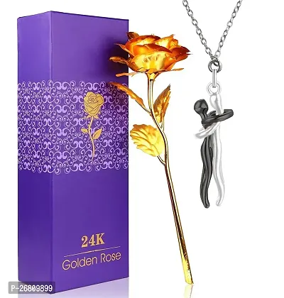 De-Ultimate JX000305-01 Yellow Rose Flower with Golden Leaf with Romantic Love Couple Hugging Embrace Pendant Valentine Gift for Girlfriend, Boyfriend, Husband and Wife Special Gift Pack