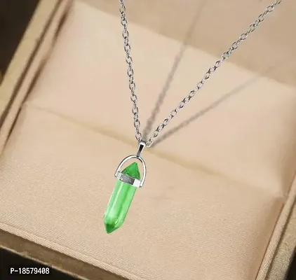 De-Ultimate Green Glass Healing Crystal Hexagonal Point Prism Pencil Shape Locket Pendant Necklace With Clavicle Chain For Girl's  Women-thumb0