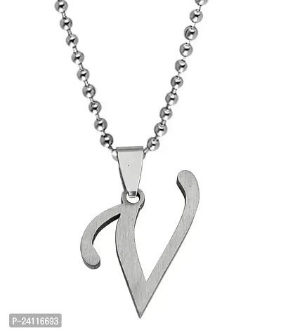 De-Ultimate Silver Color Unisex Metal Fancy  Stylish Trending Name English Alphabet 'V' Letter Locket Pendant Necklace With Ball Chain-thumb0