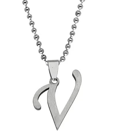 De-Ultimate Silver Color Unisex Metal Fancy & Stylish Trending Name English Alphabet 'V' Letter Locket Pendant Necklace With Ball Chain