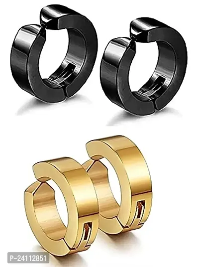 De-Ultimate (2 Pair) CMB7337 Trendy Black And Golden Round Shaped Press Non-Piercing Style Clip On Metal Barbell Earring Hoop Bali Stud For Men And Women-thumb0