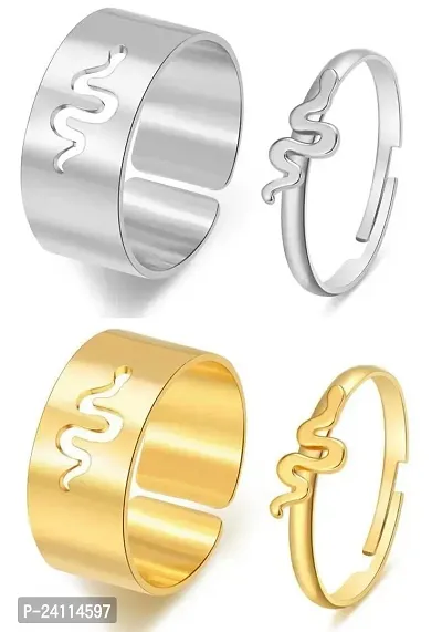 De-Ultimate CMB7756 Multicolor Valentine's Day Special Adjustable Size Romantic Couple Friendship Promise Matching Punk Creative Snake Design Open-Cuff Finger Rings Set