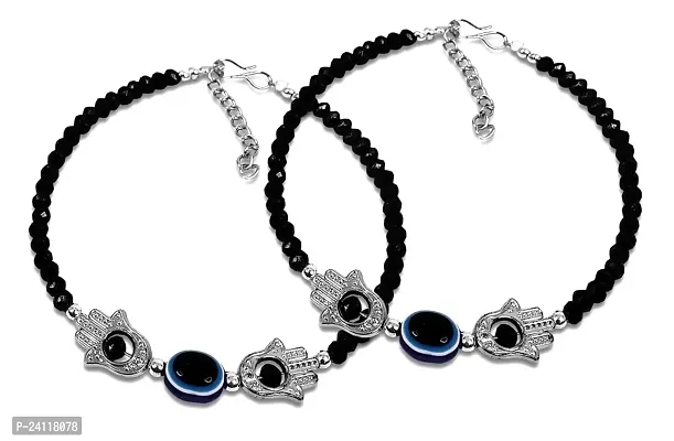 De-Ultimate (1 Pair) Adjustable Round Crystal Moti Pearl Beads/Stone Single Evil Eye Hamsa Fatima's Lucky Hand Palm Nazariya Suraksha Kavach Foot/Leg Payal/Pajeb Chain Anklets/Bracelet