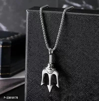 De-Ultimate Silver Plated Fancy  Stylish Stainless Steel Unisex Hindu God Of The Sea Lord Shiva Mahadev Bolenath Mahakaal Poseidon Trishul/Trident Locket Pendant Necklace With Box Chain-thumb0