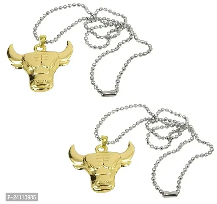 De-Ultimate (Set Of 2 Pcs) Unisex Metal Fancy  Stylish Solid Oxidize Golden Plated Beautiful Fashion Raging Bull Design Locket Pendant Necklace With Chain