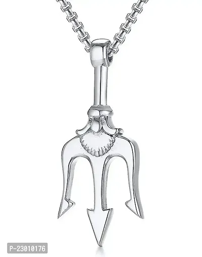 De-Ultimate Silver Color Fancy  Stylish Unisex Stainless Steel Hindu God Of The Sea Lord Shiva Mahadev Bolenath Mahakaal Poseidon Trishul/Trident Locket Pendant Necklace With Box Chain-thumb0