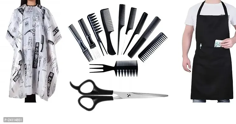 De-Ultimate Combo Of Neck Bib Ties With Pocket With Black Hair Cutting Sheet Hairdressing And Professional Hair Styling Combs And Scissors Tools Set