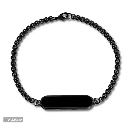 De-Ultimate Unisex Black Color Cylinder Shape Single Plate Stylish Trending Fashionable Casual Style Daily Use Stainless Steel Friendship Wrist Band Cuff Box Linear Chain Bracelet