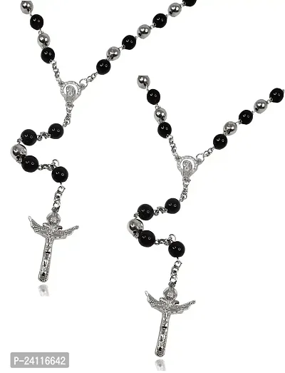 De-Ultimate (Set Of 2 Pcs) 8mm Rosary Moti Beads Black  White Stone Metal Lord Holy Jesus Christ Cross Isa Masih Pendant Locket Mala Necklace With Chain