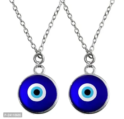 De-Ultimate (Pack Of 2 Pcs) Unisex Silver Color Trending Stylish Valentine's Day Special I Love You Round Shape Blue Evil Eye Nazar Suraksha Kavach Locket Pendant Charm Necklace With Clavicle Chain