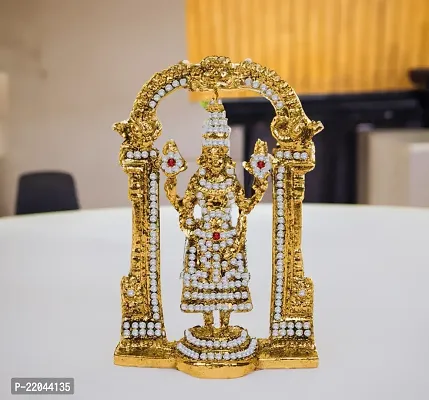 De-Ultimate Lord Tirupati Balaji/venkateswara/vyankatesh White Stone Darbar Idol (St-1309) Golden Antique Metal God Stand for Home Decor/car Dashboard/mandir Pooja Murti/temple Puja/office Table Showpiece