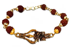 De-Ultimate Golden Unisex Brown Beads Rudraksha Mala Chain God Shri Lord Ganesh/Ganesha/Ganpati Maharaj Logo With Lord Shiva Trishul Damroo Friendship Hand Cuff Wrist Band Bangle Bracelet With Lock-thumb1