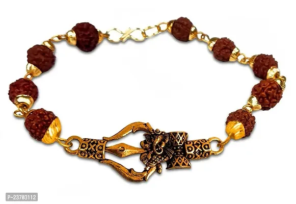 De-Ultimate Golden Unisex Brown Beads Rudraksha Mala Chain God Shri Lord Ganesh/Ganesha/Ganpati Maharaj Logo With Lord Shiva Trishul Damroo Friendship Hand Cuff Wrist Band Bangle Bracelet With Lock-thumb2