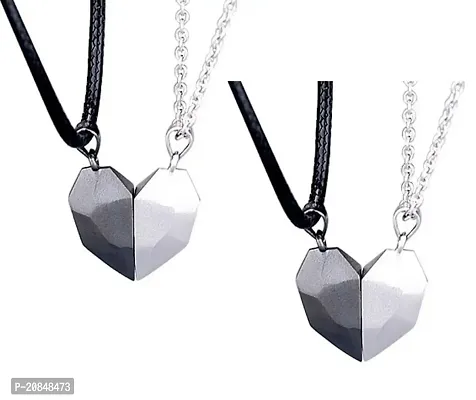 De-Ultimate Black  Silver Valentine's Day Special I Love You Diamond Cut Design Magnetic Distance Broken Heart Shape Love Couple Promise 2 In 1 Duo Locket Pendant With Clavicle Chain  Rope-thumb4