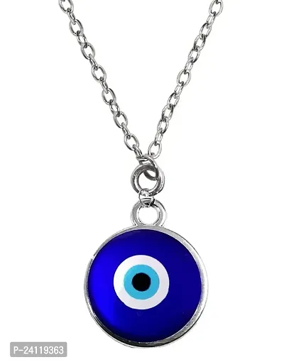 De-Ultimate Unisex Silver Color Trending Stylish Stainless Steel Valentine's Day Special I Love You Round Shape Blue Evil Eye Nazar Suraksha Kavach Locket Pendant Charm Necklace With Clavicle Chain