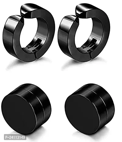De-Ultimate (2 Pair) CMB7339 Trendy Black Round Shaped Press Non-Piercing And (8mm Medium Size) Magnetic Style Clip On Metal Barbell Earring Hoop Bali Stud For Men And Women