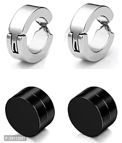 De-Ultimate (2 Pair) CMB7340 Trendy Silver And Black Round Shaped Press Non-Piercing And (8mm Medium Size) Magnetic Style Clip On Metal Barbell Earring Hoop Bali Stud For Men And Women