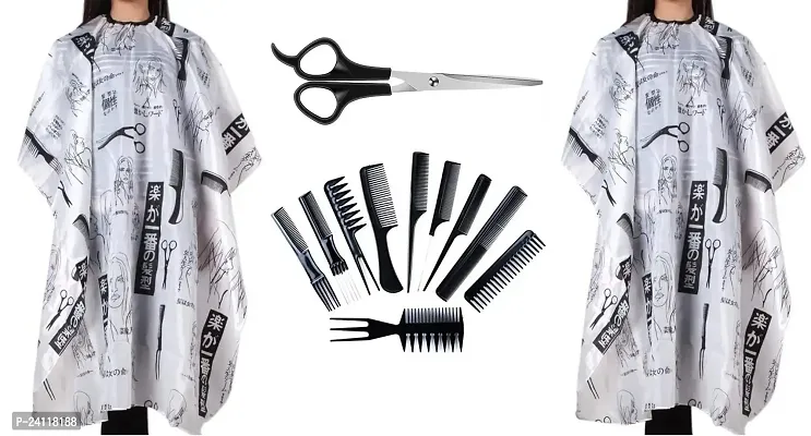 De-Ultimate Combo Of Professional Hair Styling Combs And Scissors Set With Printed Unisex Nylon 2 pcs Hair Cutting Sheet Hairdressing Gown Cape Barber Cloth Makeup Apron