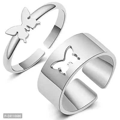 De-Ultimate (Silver Color) Valentine's Day Adjustable Size Romantic Couple Friendship Promise Matching Punk Fashion Butterfly Design Open-Cuff Finger Dainty Trendy Rings Set
