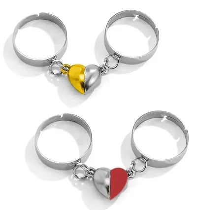 De-Ultimate X000011 Combo Of Valentines Day (Multicolor) Adjustable Size 2 Pcs Magnetic Distance Broken Heart Shape Matching Forever Love Couples Promise Open-Cuff Finger Rings Set